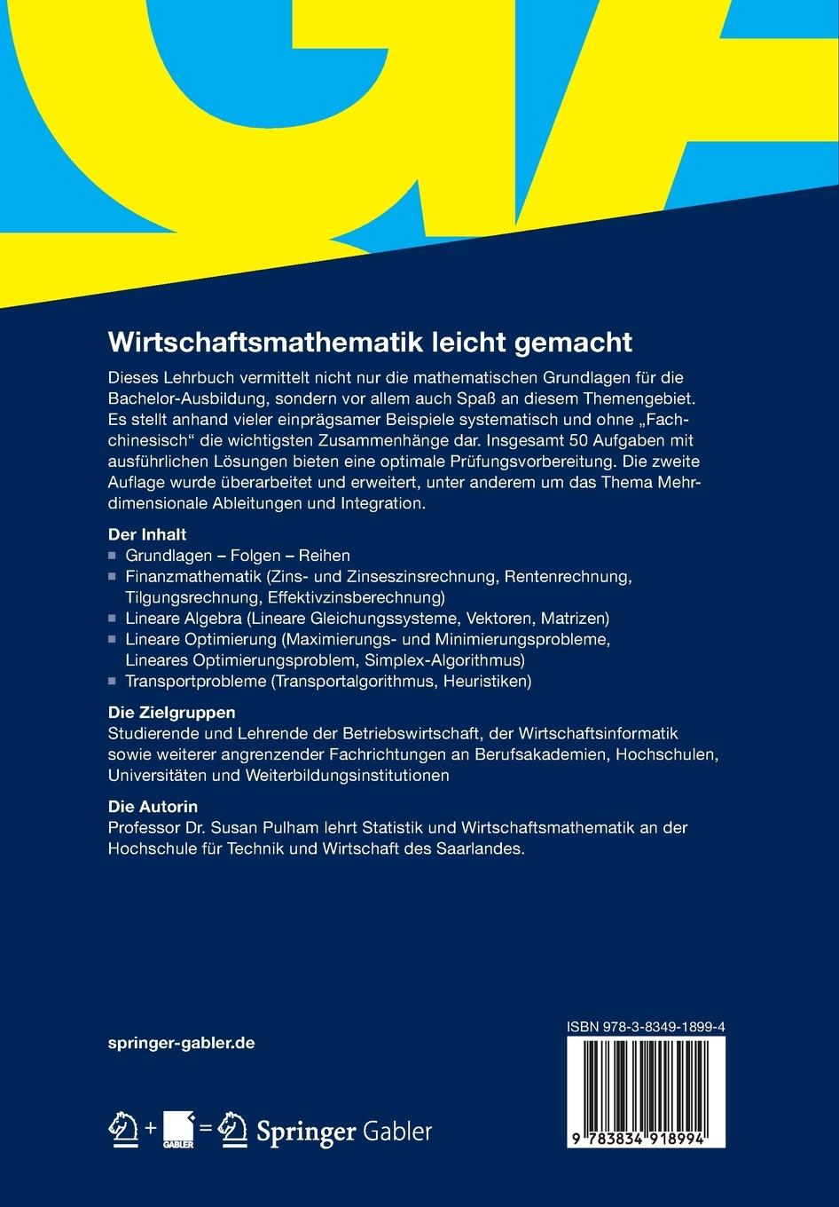 Rückseite: 9783834918994 | Wirtschaftsmathematik leicht gemacht | Mit 50 Aufgaben und Lösungen