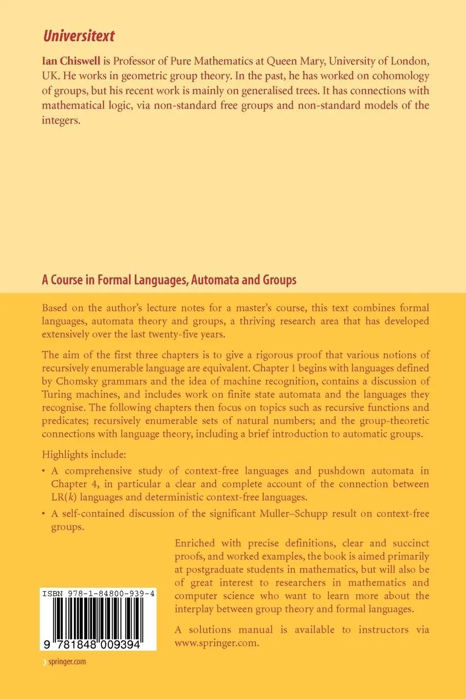 Rückseite: 9781848009394 | A Course in Formal Languages, Automata and Groups | Ian M. Chiswell