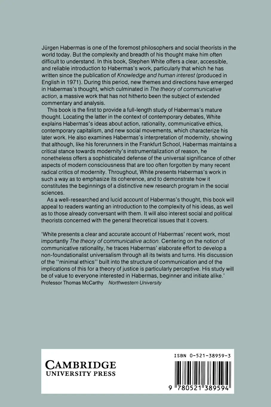 Rückseite: 9780521389594 | The Recent Work of Jurgen Habermas | Reason, Justice and Modernity