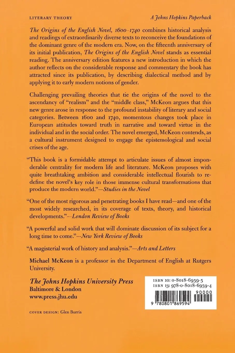 Rückseite: 9780801869594 | Origins of the English Novel, 1600-1740 (Anniversary) | Michael Mckeon