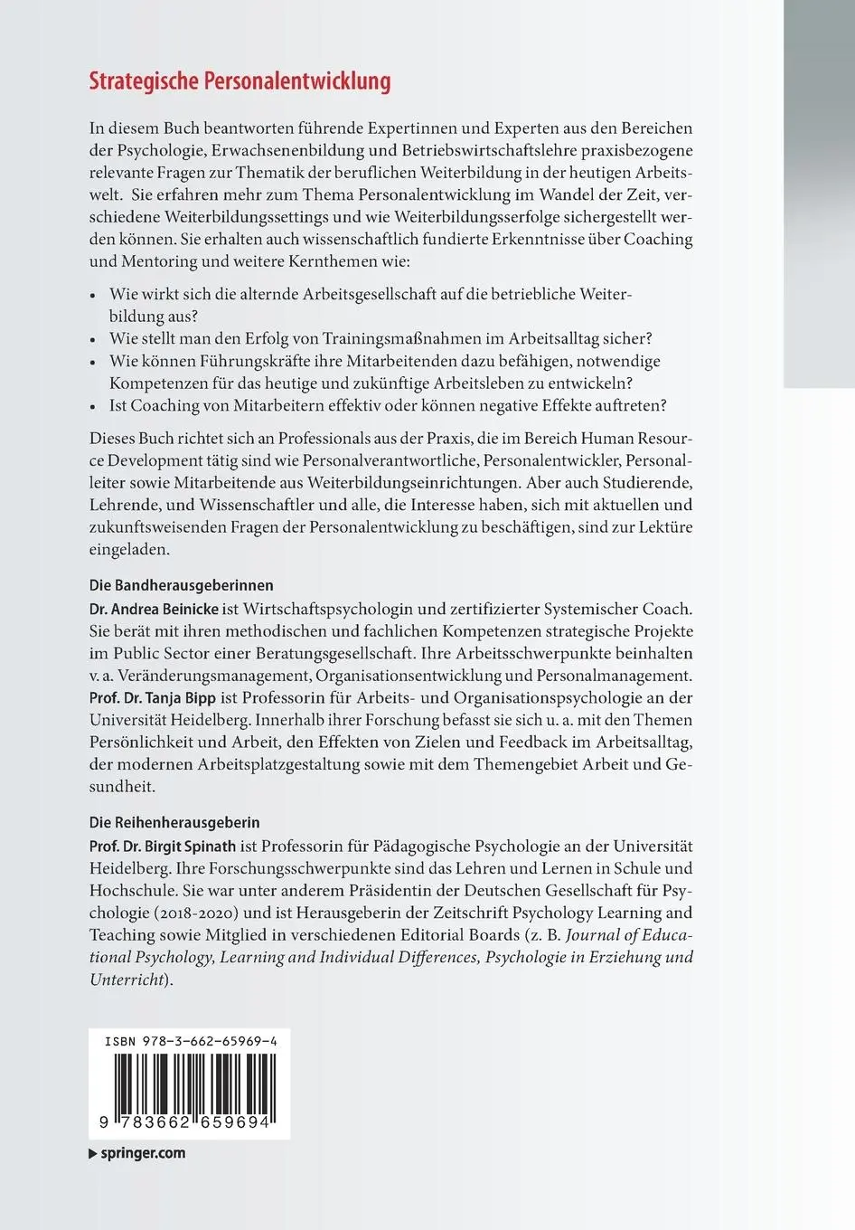 Rückseite: 9783662659694 | Strategische Personalentwicklung | Tanja Bipp (u. a.) | Taschenbuch