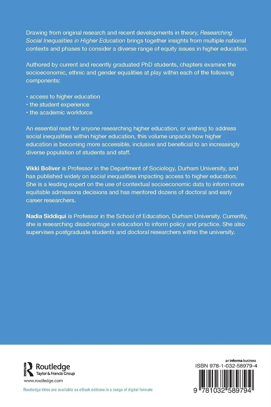 Rückseite: 9781032589794 | Researching Social Inequalities in Higher Education | Boliver (u. a.)