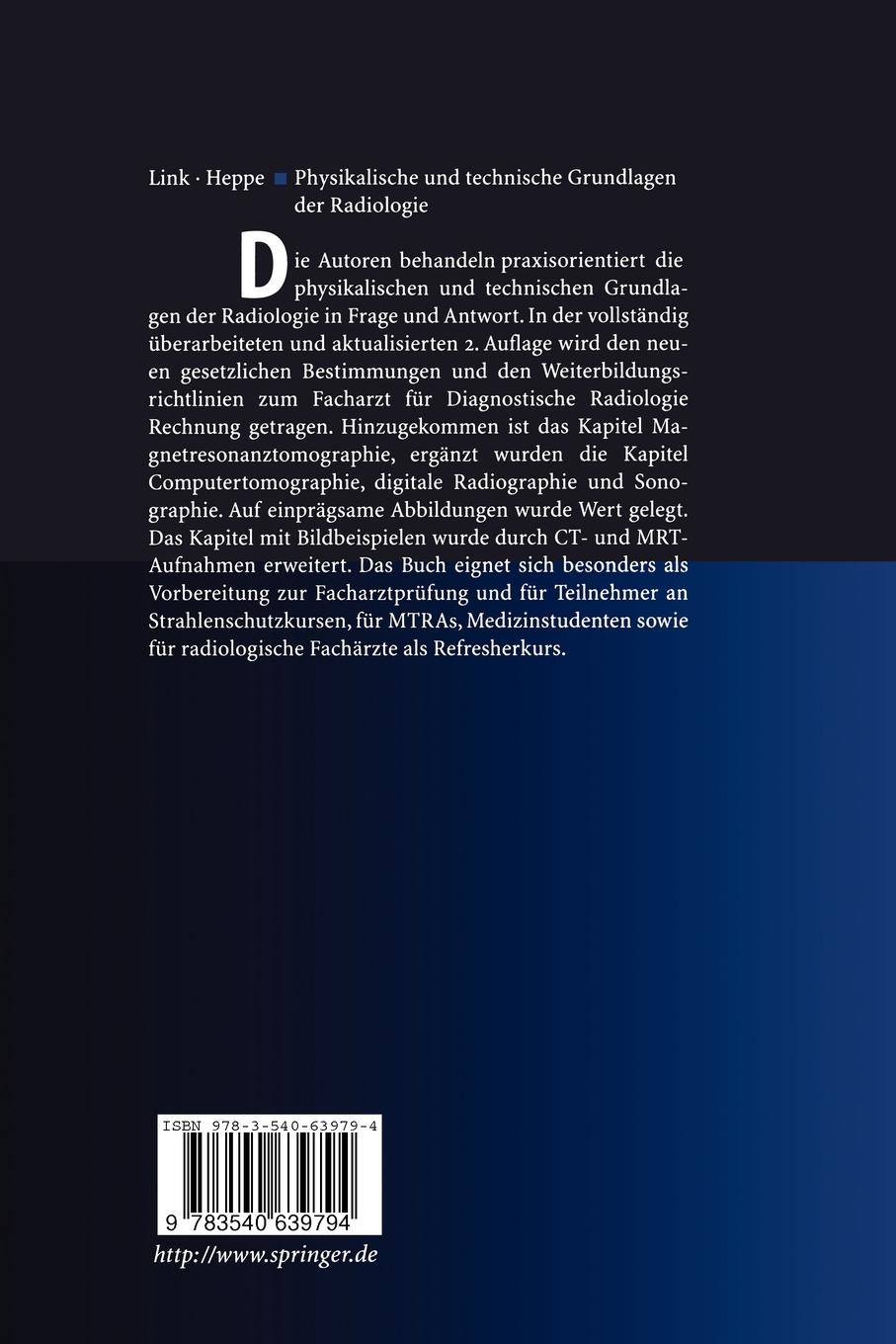 Rückseite: 9783540639794 | Physikalische und technische Grundlagen der Radiologie | Link (u. a.)