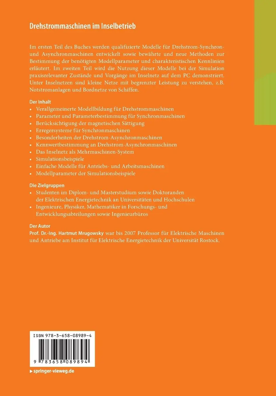 Rückseite: 9783658089894 | Drehstrommaschinen im Inselbetrieb | Hartmut Mrugowsky | Taschenbuch