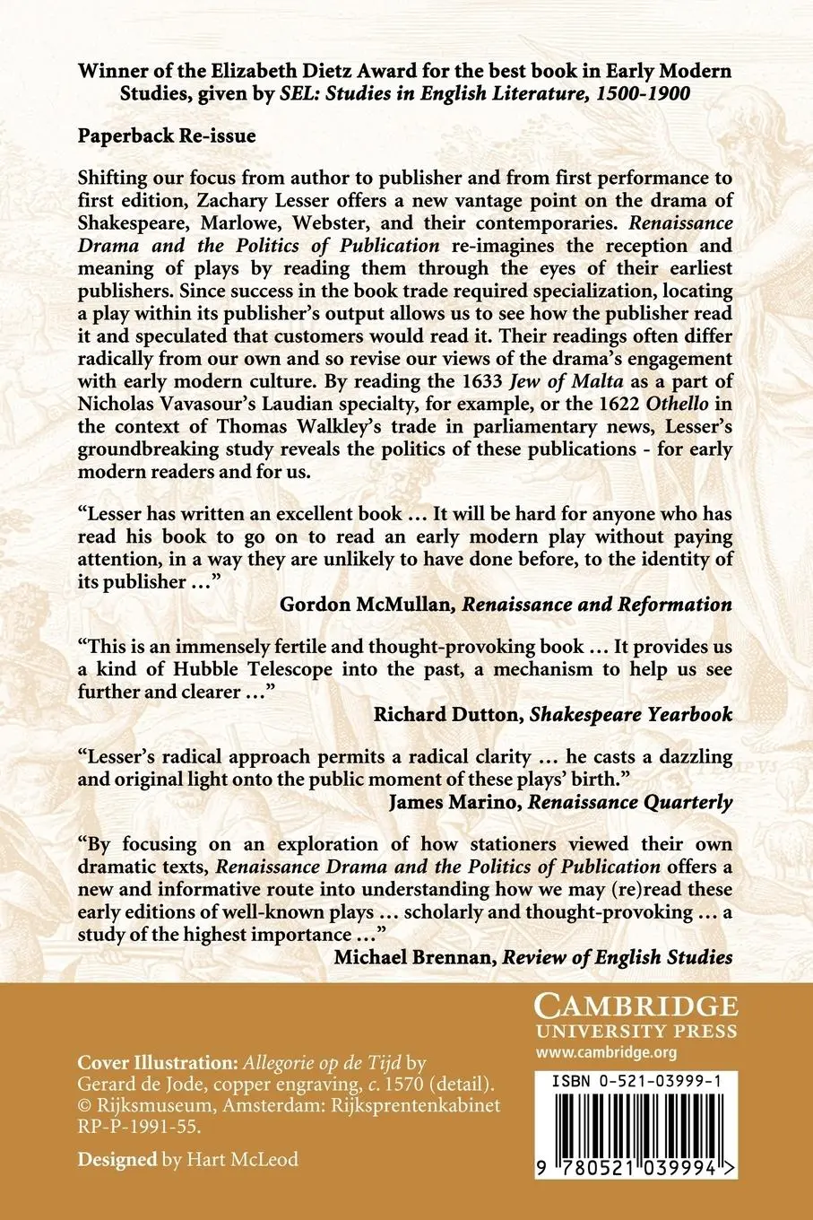 Rückseite: 9780521039994 | Renaissance Drama and the Politics of Publication | Lesser (u. a.)