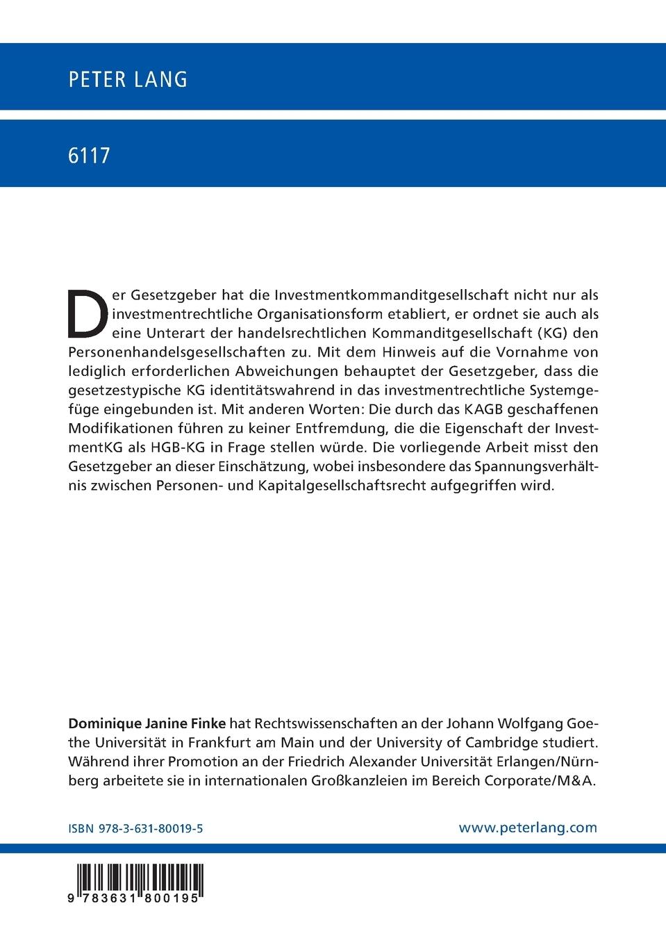 Rückseite: 9783631800195 | Die Investmentkommanditgesellschaft im Spannungsfeld zwischen...