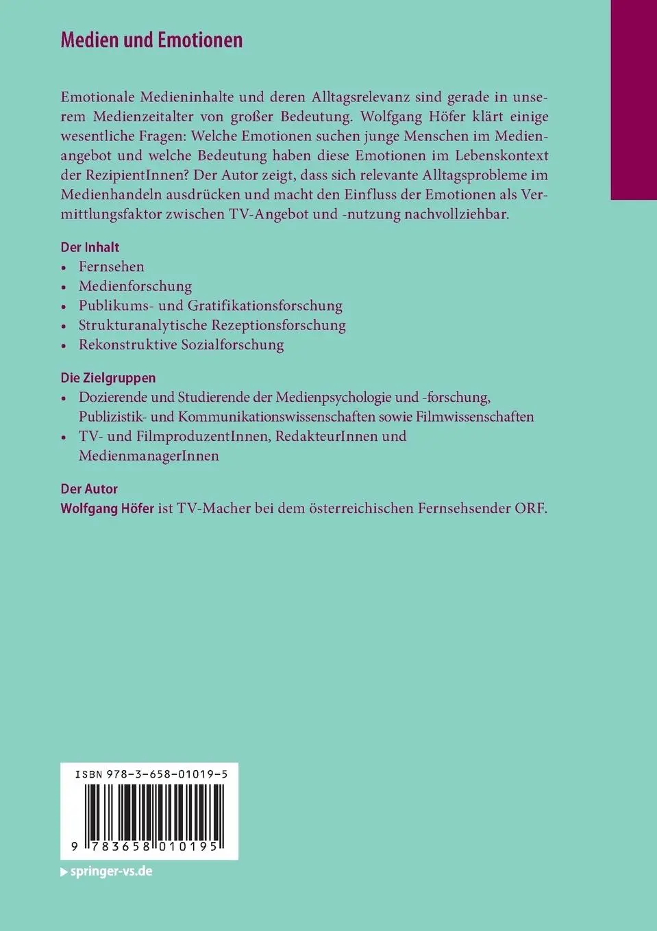 Rückseite: 9783658010195 | Medien und Emotionen | Zum Medienhandeln junger Menschen | Höfer