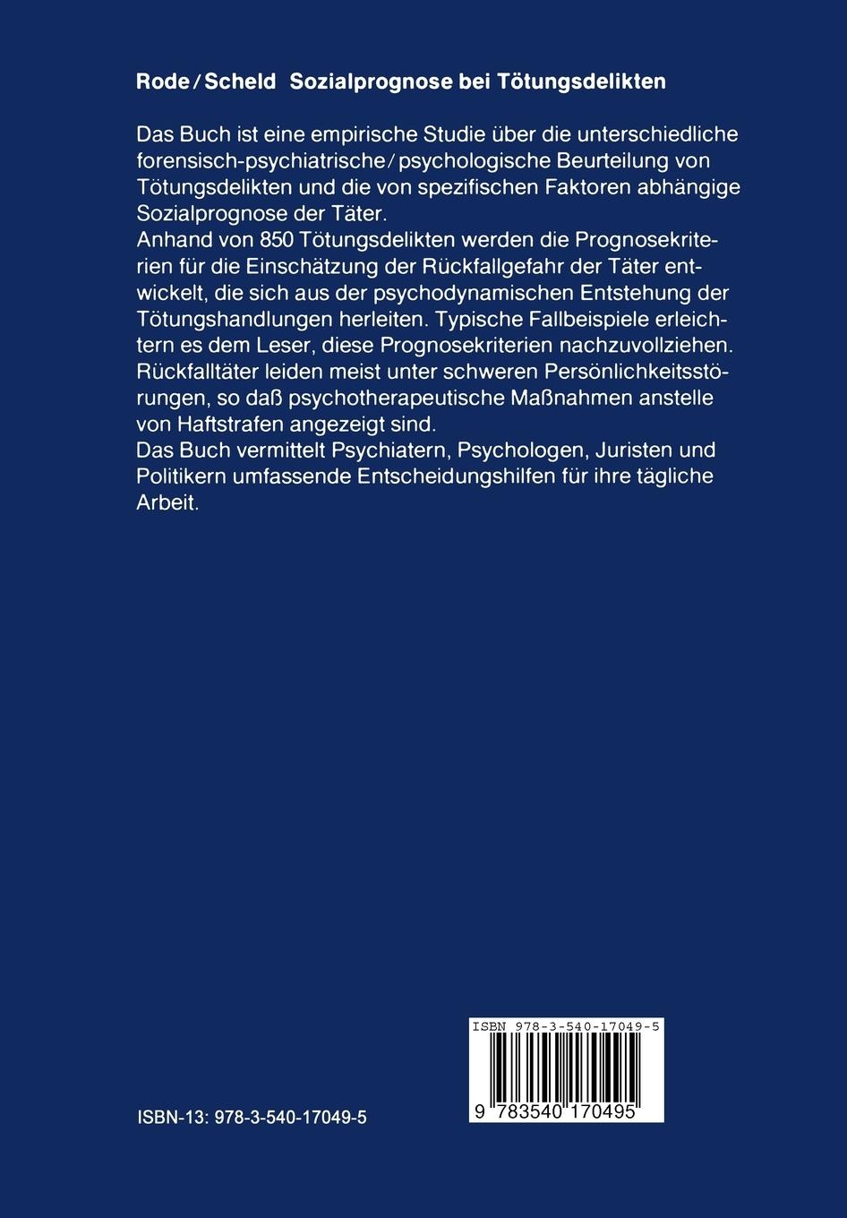 Rückseite: 9783540170495 | Sozialprognose bei Tötungsdelikten | Eine empirische Studie | Buch