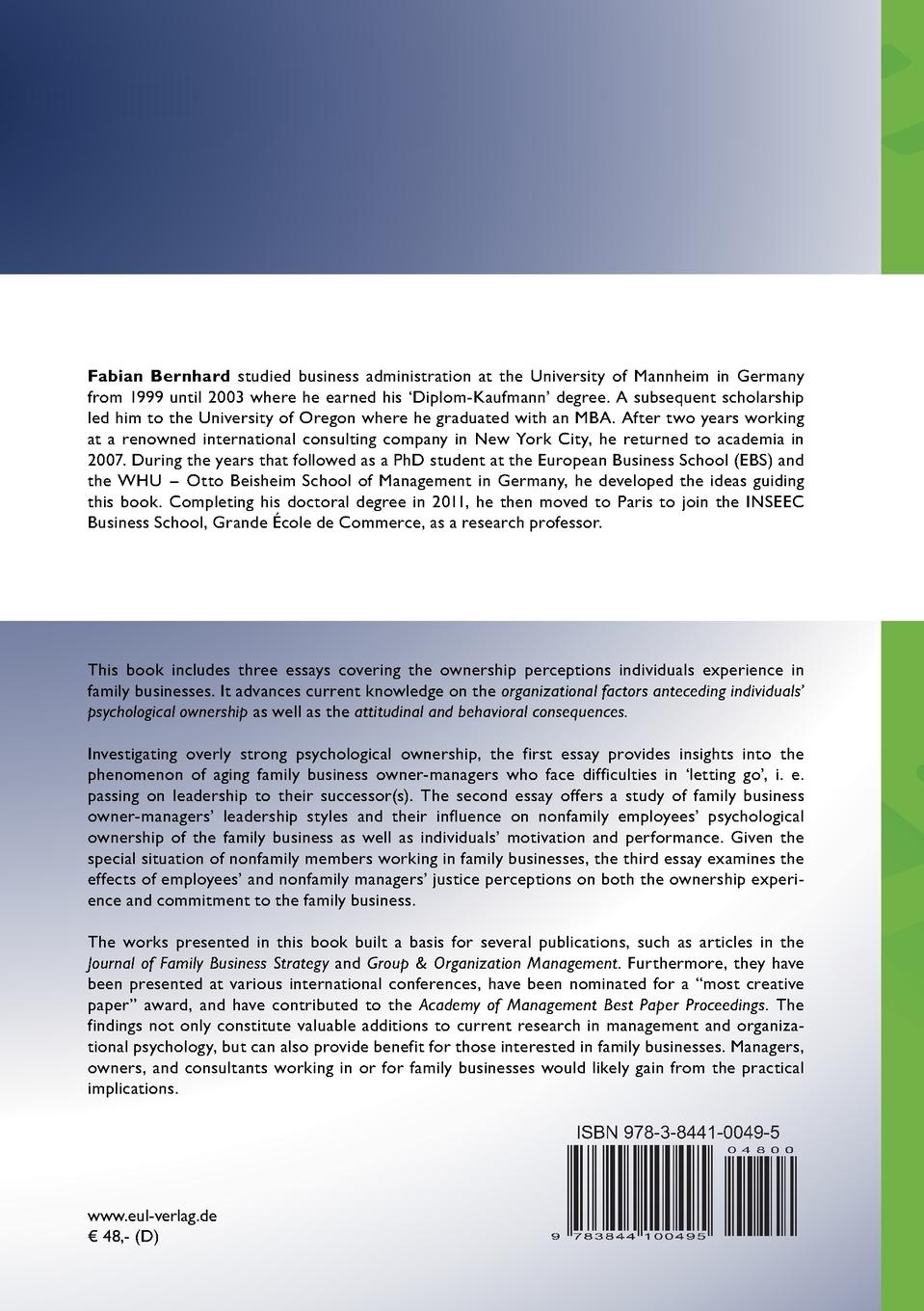 Rückseite: 9783844100495 | Psychological Ownership in Family Businesses | Fabian Bernhard | Buch