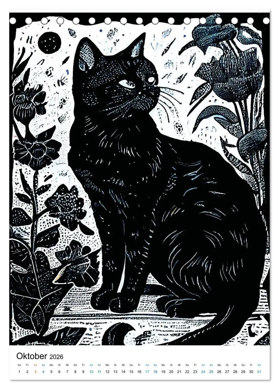 Bild: 9783516330595 | Katzen Linolschnitt - Der Kalender mit kunstvollen Porträts der...
