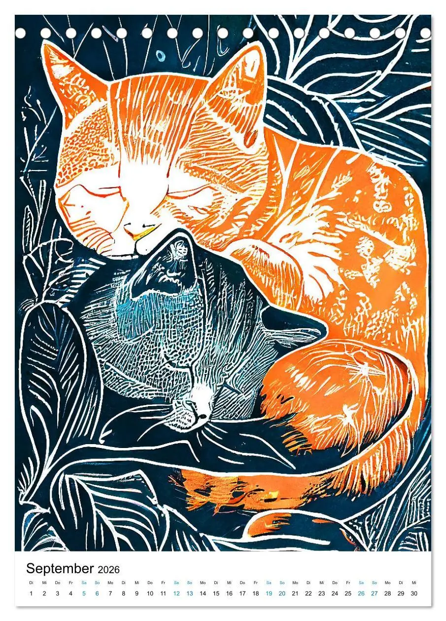 Bild: 9783516330595 | Katzen Linolschnitt - Der Kalender mit kunstvollen Porträts der...
