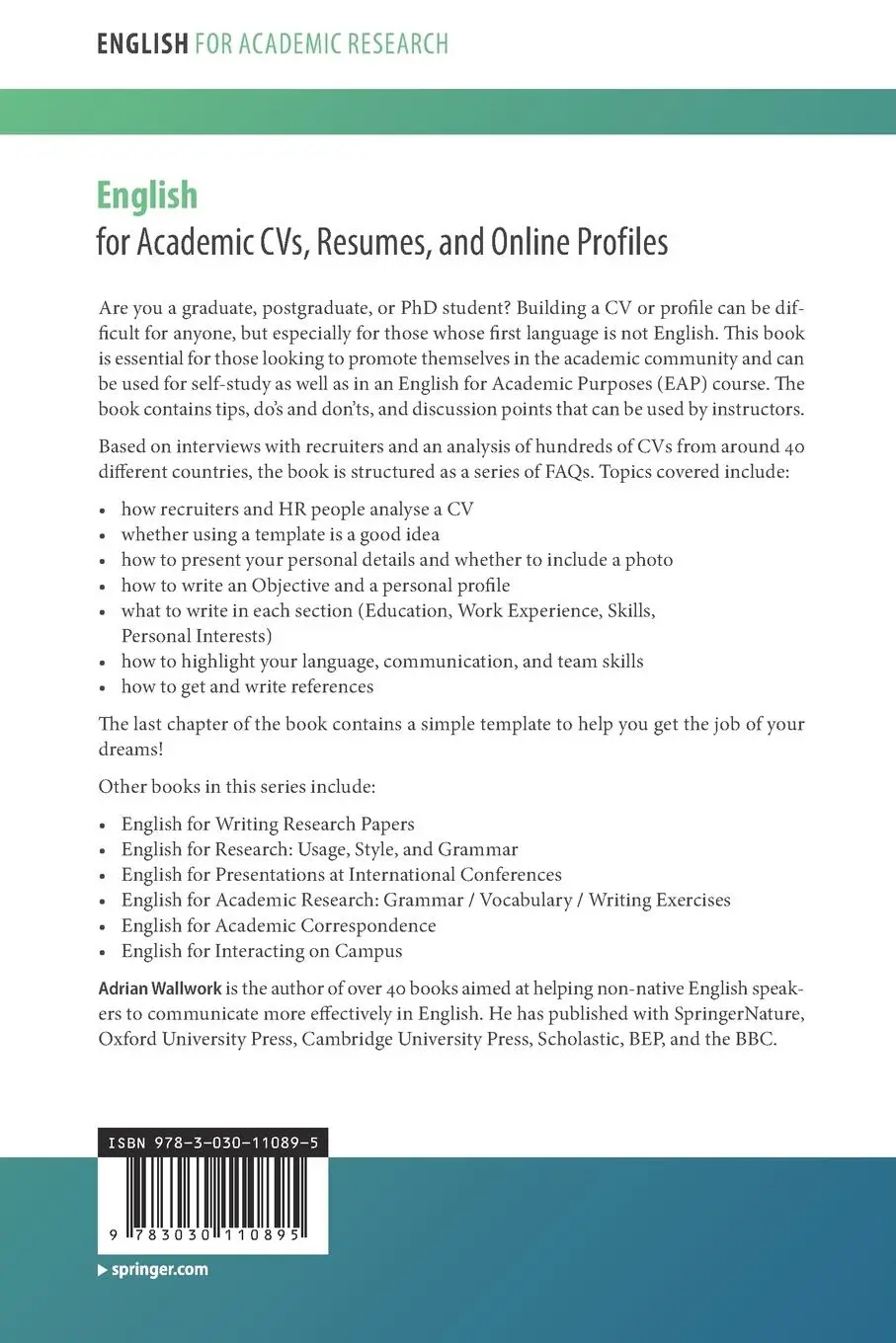 Rückseite: 9783030110895 | English for Academic CVs, Resumes, and Online Profiles | Wallwork