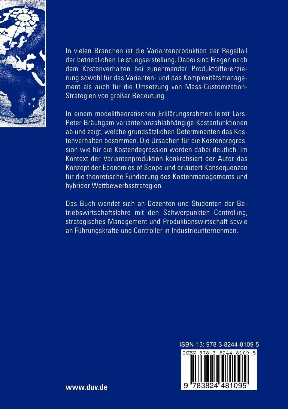 Rückseite: 9783824481095 | Kostenverhalten bei Variantenproduktion | Lars-Peter Bräutigam | Buch