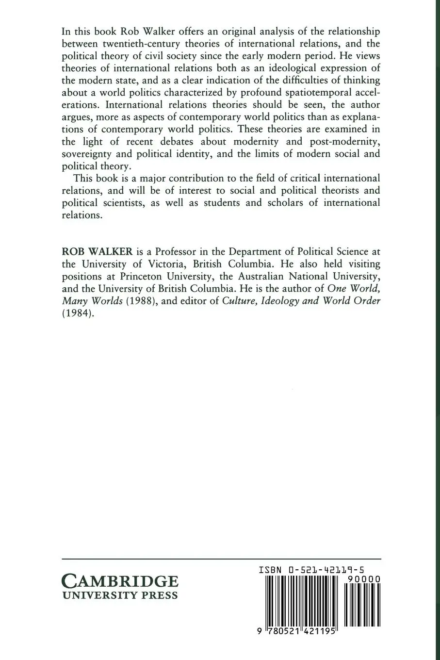 Rückseite: 9780521421195 | Inside/Outside | International Relations as Political Theory | Walker