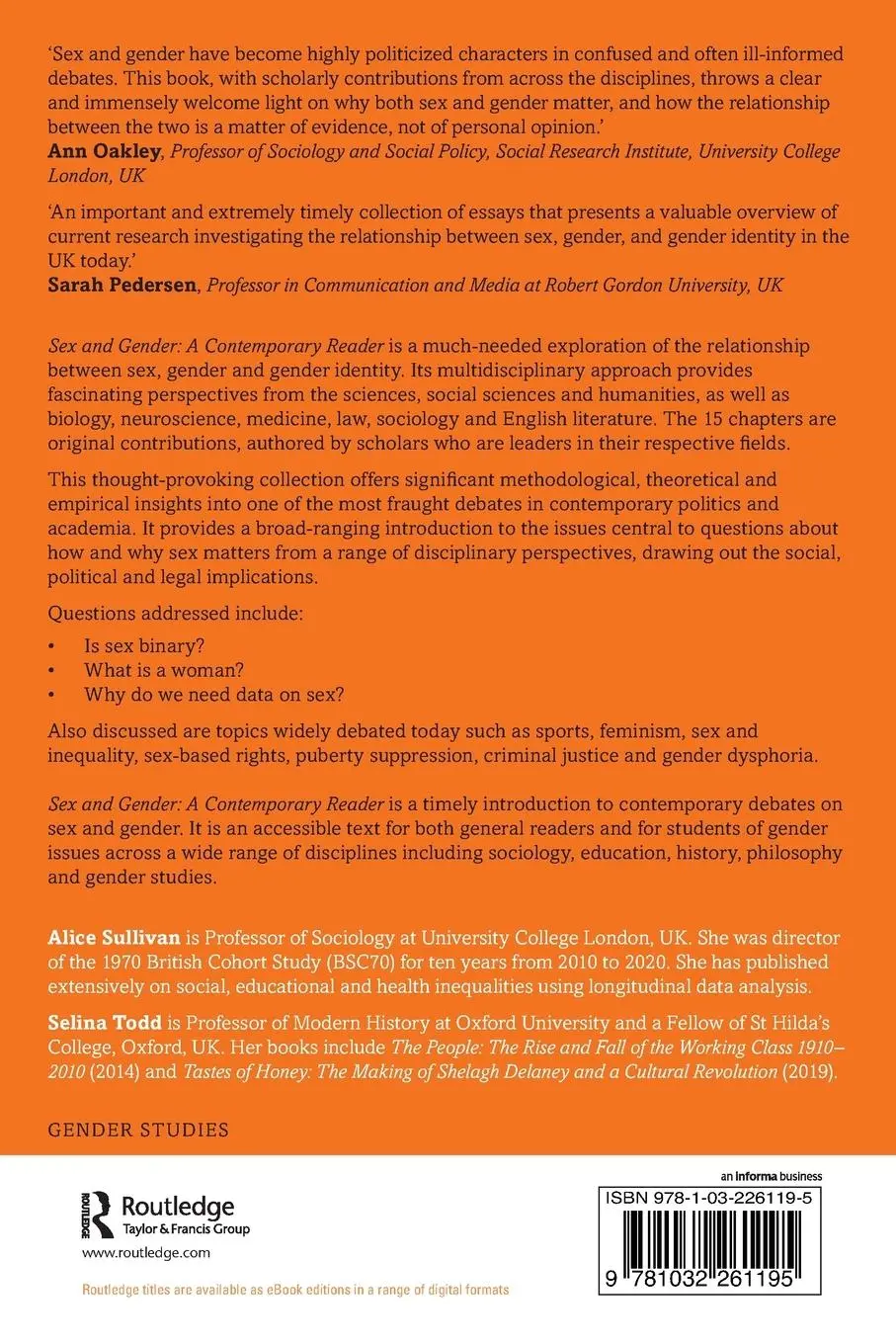 Rückseite: 9781032261195 | Sex and Gender | A Contemporary Reader | Alice Sullivan (u. a.) | Buch