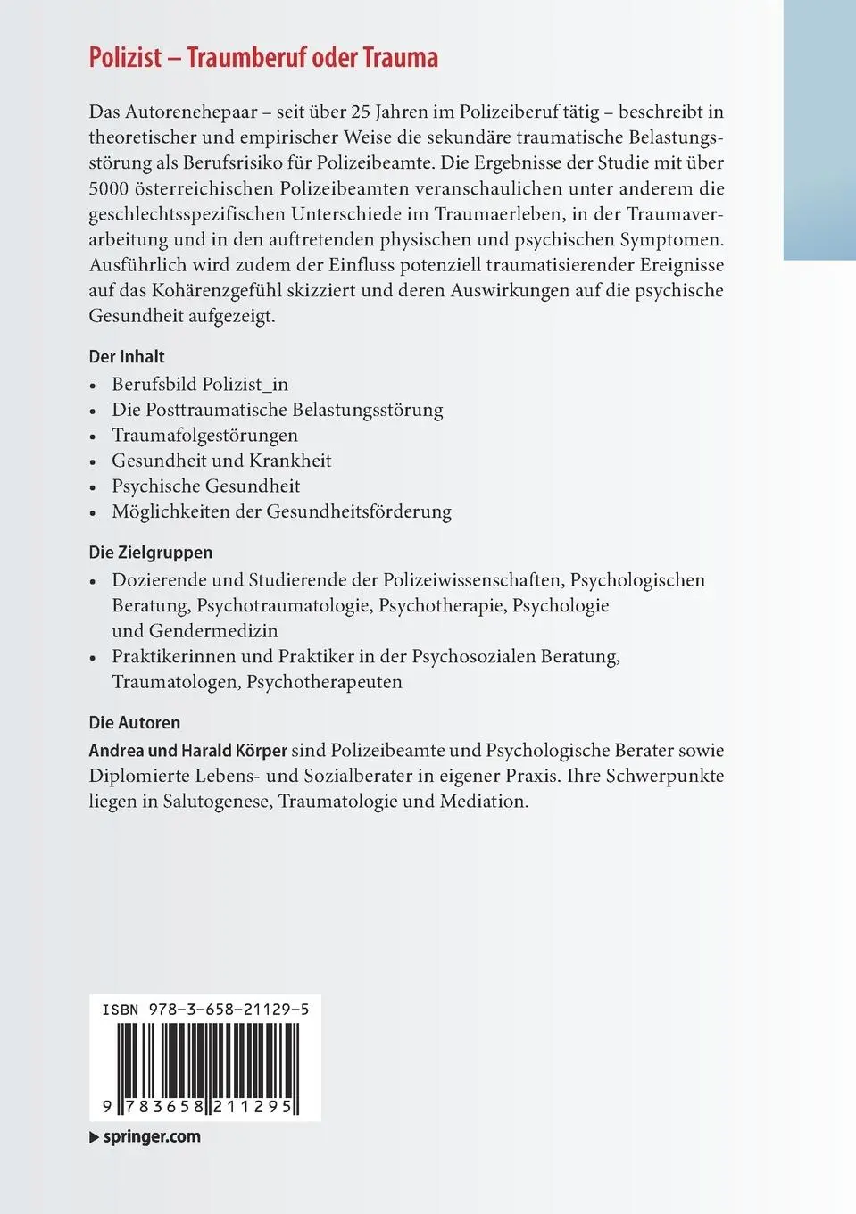 Rückseite: 9783658211295 | Polizist - Traumberuf oder Trauma | Andrea Körper (u. a.) | Buch | xxi