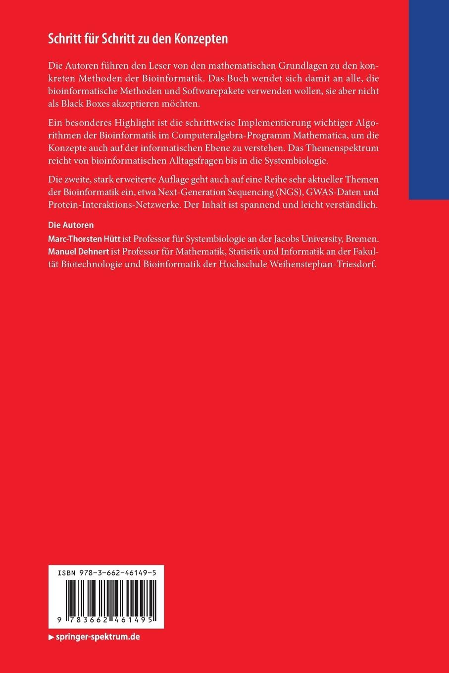 Rückseite: 9783662461495 | Methoden der Bioinformatik | Manuel Dehnert (u. a.) | Taschenbuch