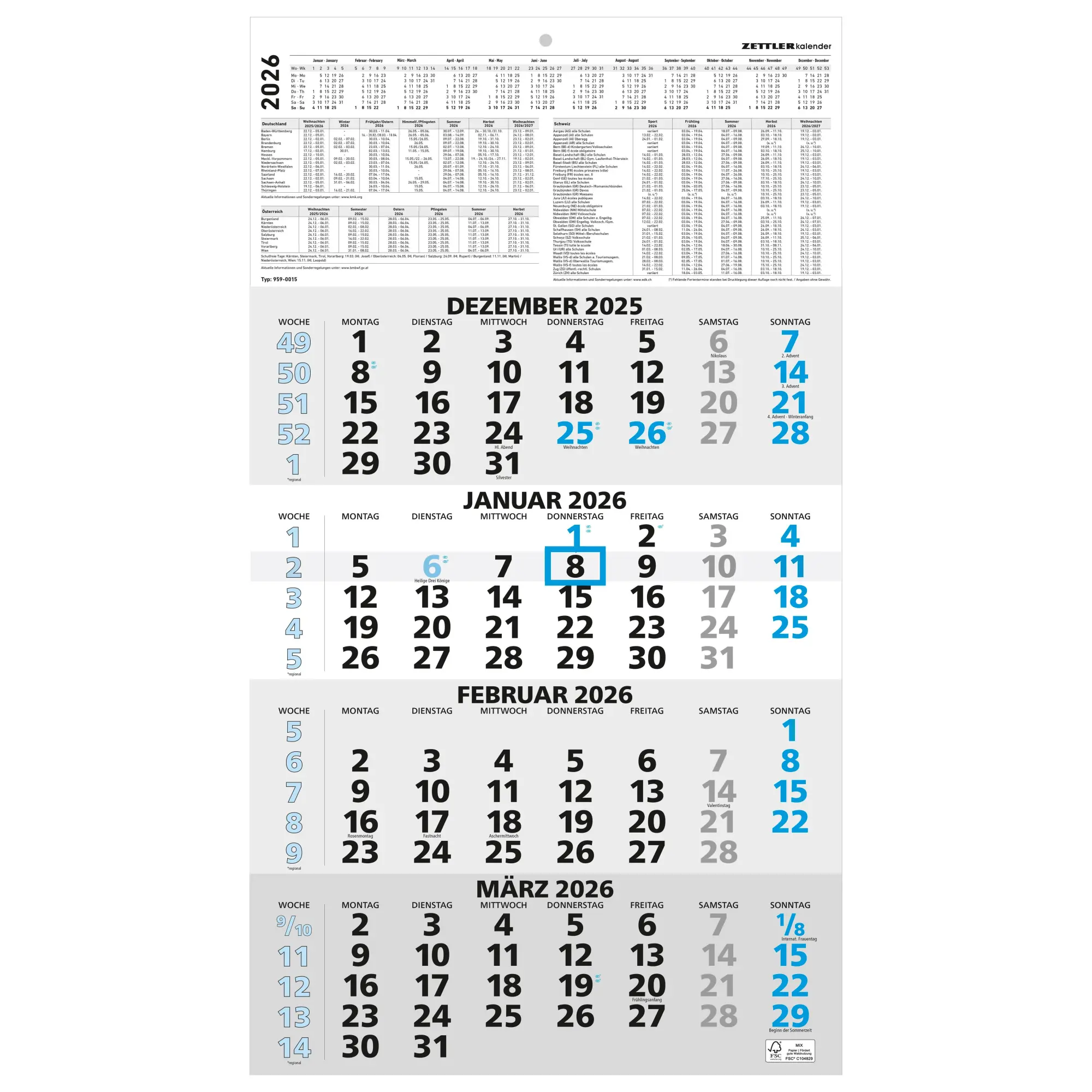 Cover: 4069095001695 | 4-Monatskalender blau 2026 - 33x45 - mit Kopftafel - Datumsschieber...