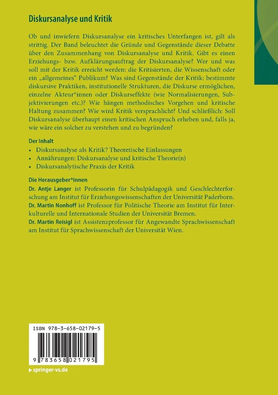 Rückseite: 9783658021795 | Diskursanalyse und Kritik | Antje Langer (u. a.) | Taschenbuch | xii