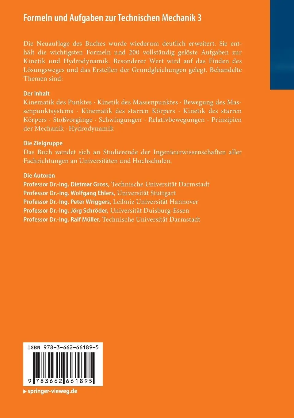 Rückseite: 9783662661895 | Formeln und Aufgaben zur Technischen Mechanik 3 | Gross (u. a.) | Buch