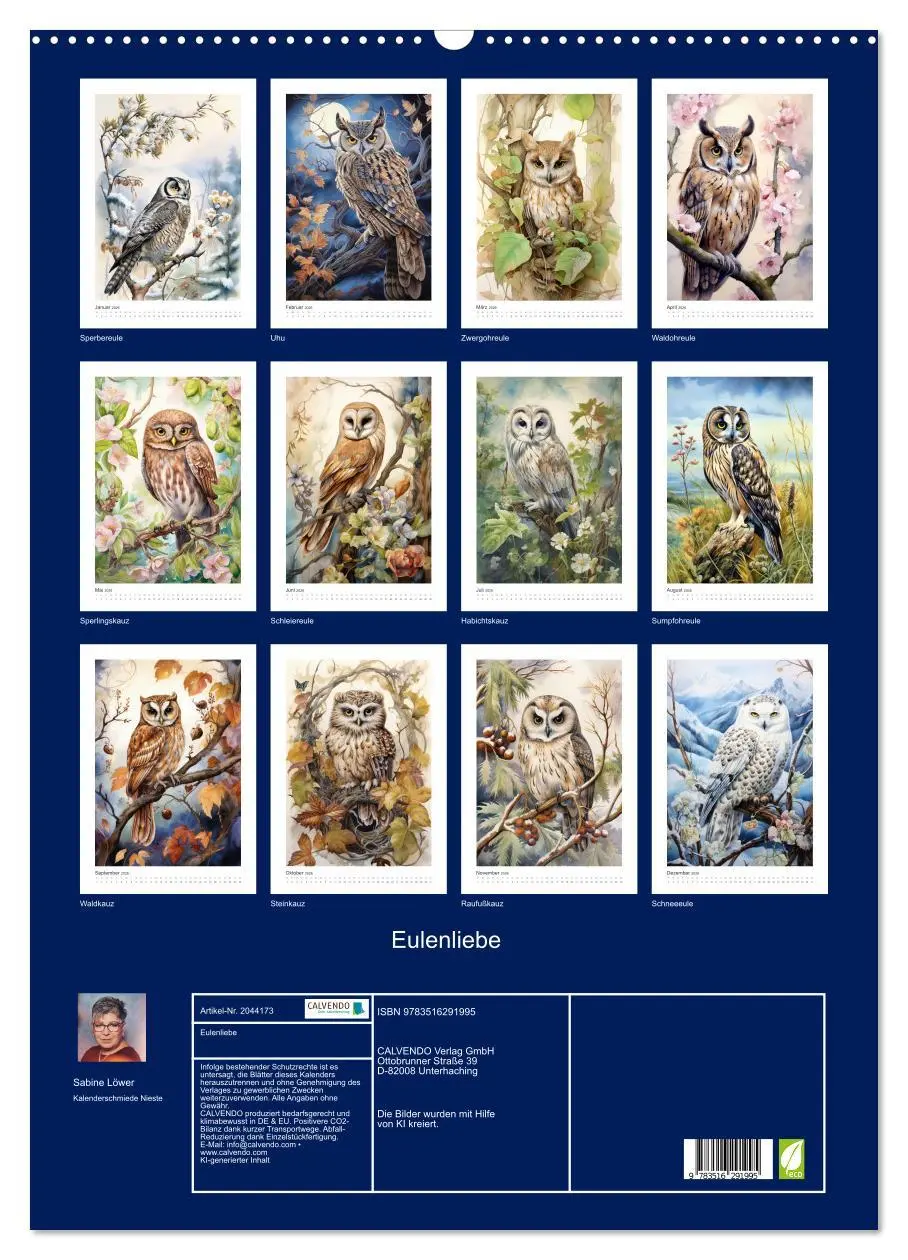 Bild: 9783516291995 | Eulenliebe (Wandkalender 2026 DIN A2 hoch), CALVENDO Monatskalender