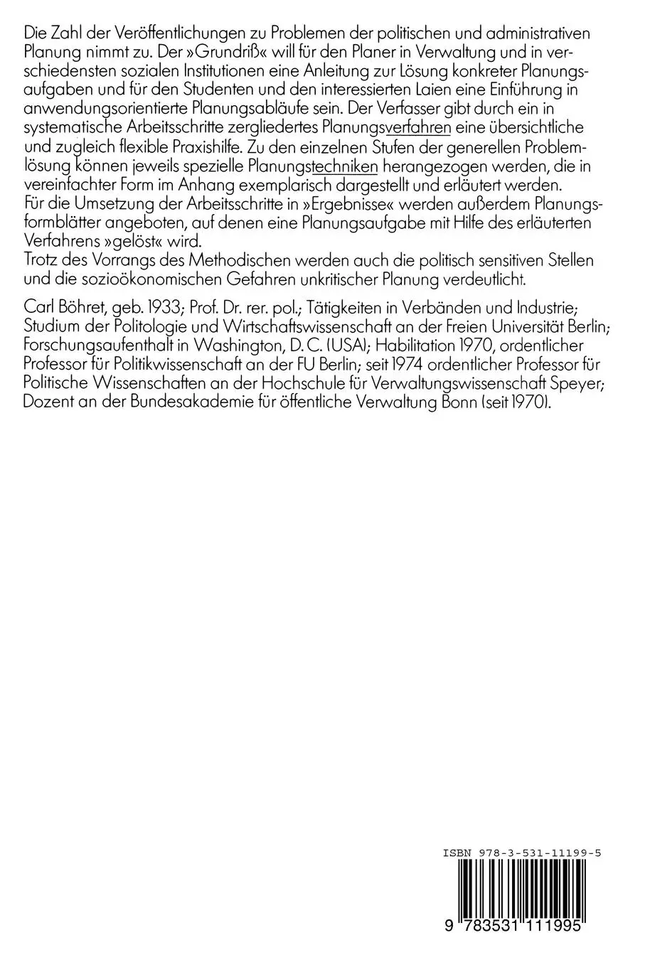 Rückseite: 9783531111995 | Grundriß der Planungspraxis | Carl Böhret | Taschenbuch | 228 S.