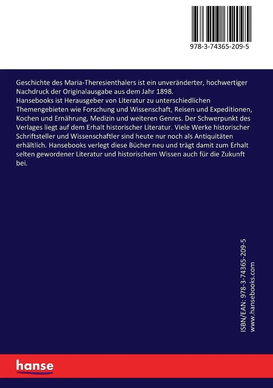 Rückseite: 9783743652095 | Geschichte des Maria-Theresienthalers | Carl Von Peez (u. a.) | Buch