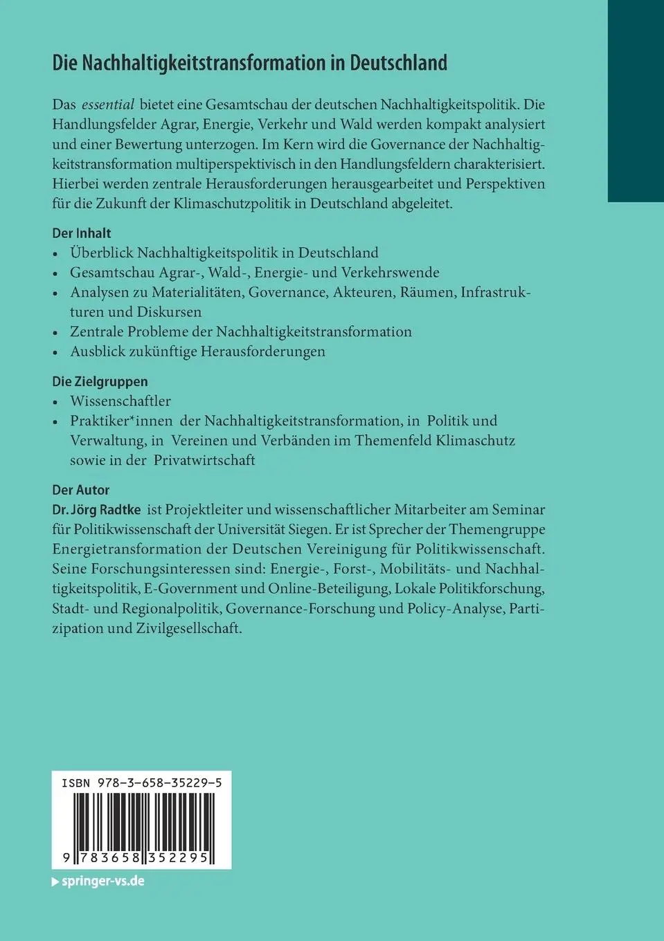 Rückseite: 9783658352295 | Die Nachhaltigkeitstransformation in Deutschland | Jörg Radtke | Buch