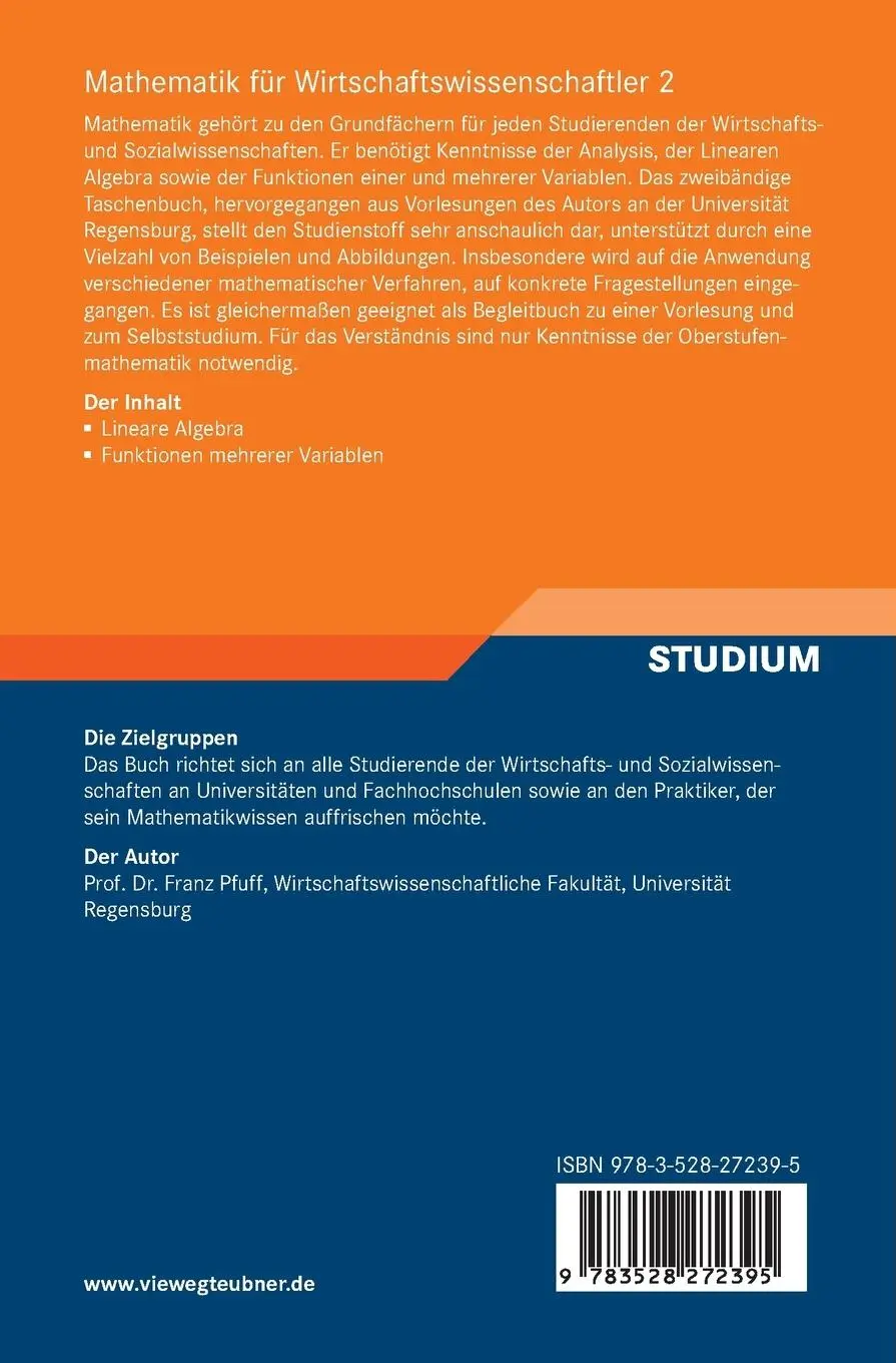 Rückseite: 9783528272395 | Mathematik für Wirtschaftswissenschaftler 2 | Franz Pfuff | Buch | x
