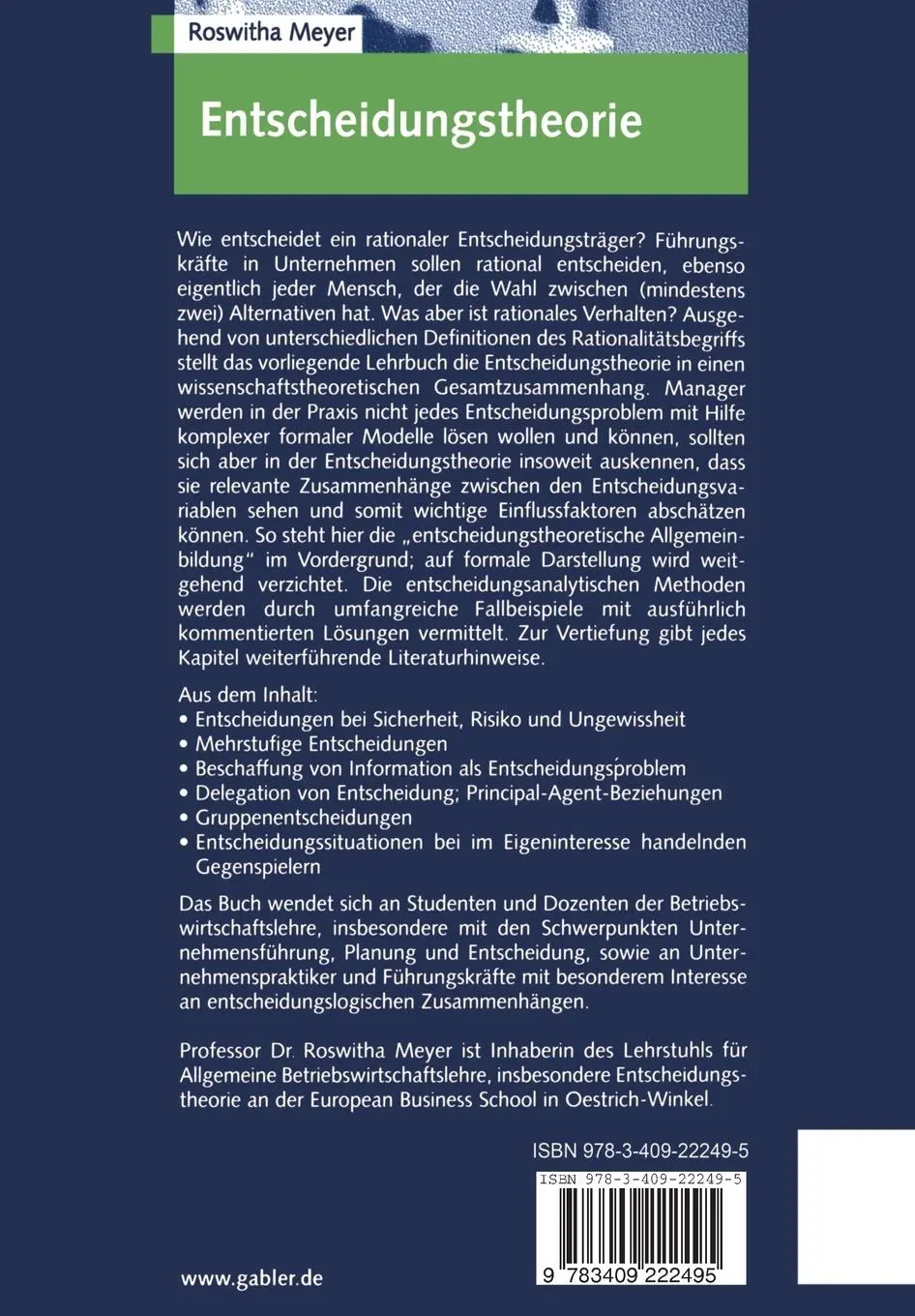 Rückseite: 9783409222495 | Entscheidungstheorie | Ein Lehr- und Arbeitsbuch | Roswitha Meyer
