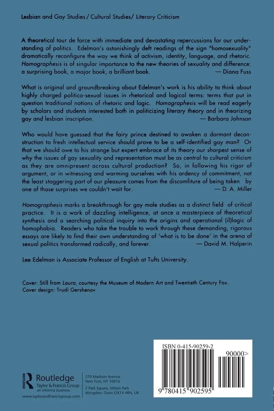 Rückseite: 9780415902595 | Homographesis | Essays in Gay Literary and Cultural Theory | Edelman