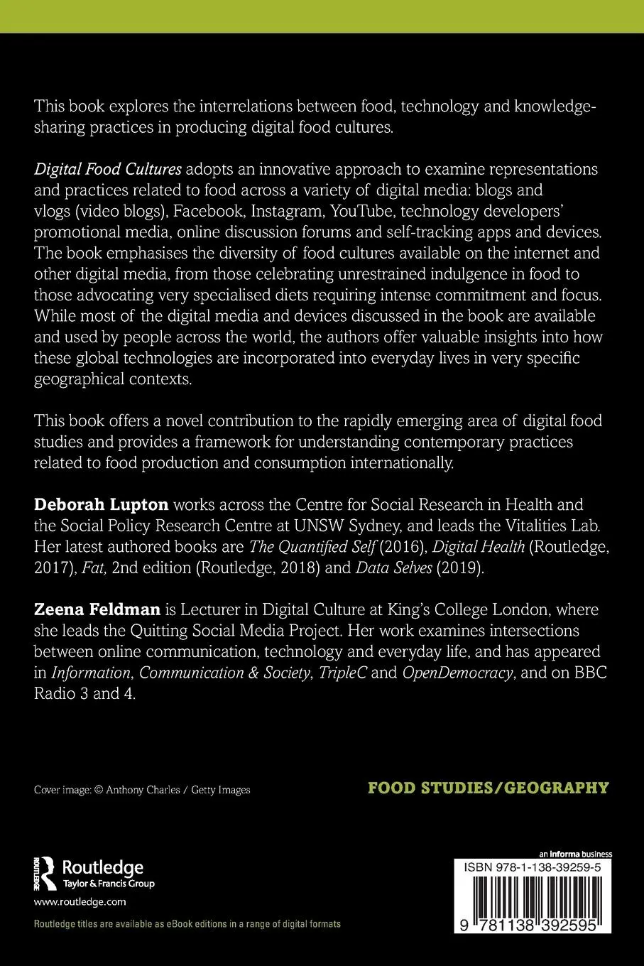 Rückseite: 9781138392595 | Digital Food Cultures | Deborah Lupton (u. a.) | Taschenbuch | 2020