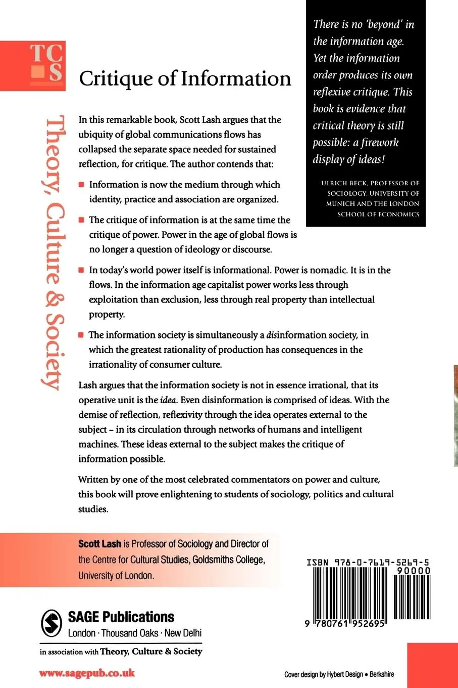 Rückseite: 9780761952695 | Critique of Information | Scott M Lash | Taschenbuch | Englisch | 2002
