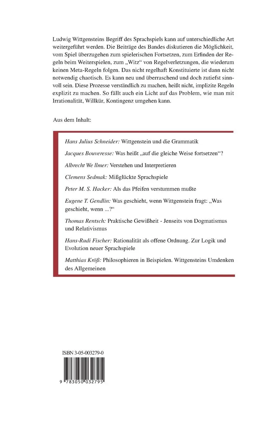 Rückseite: 9783050032795 | Mit Sprache spielen | Die Ordnung und das Offene nach Wittgenstein