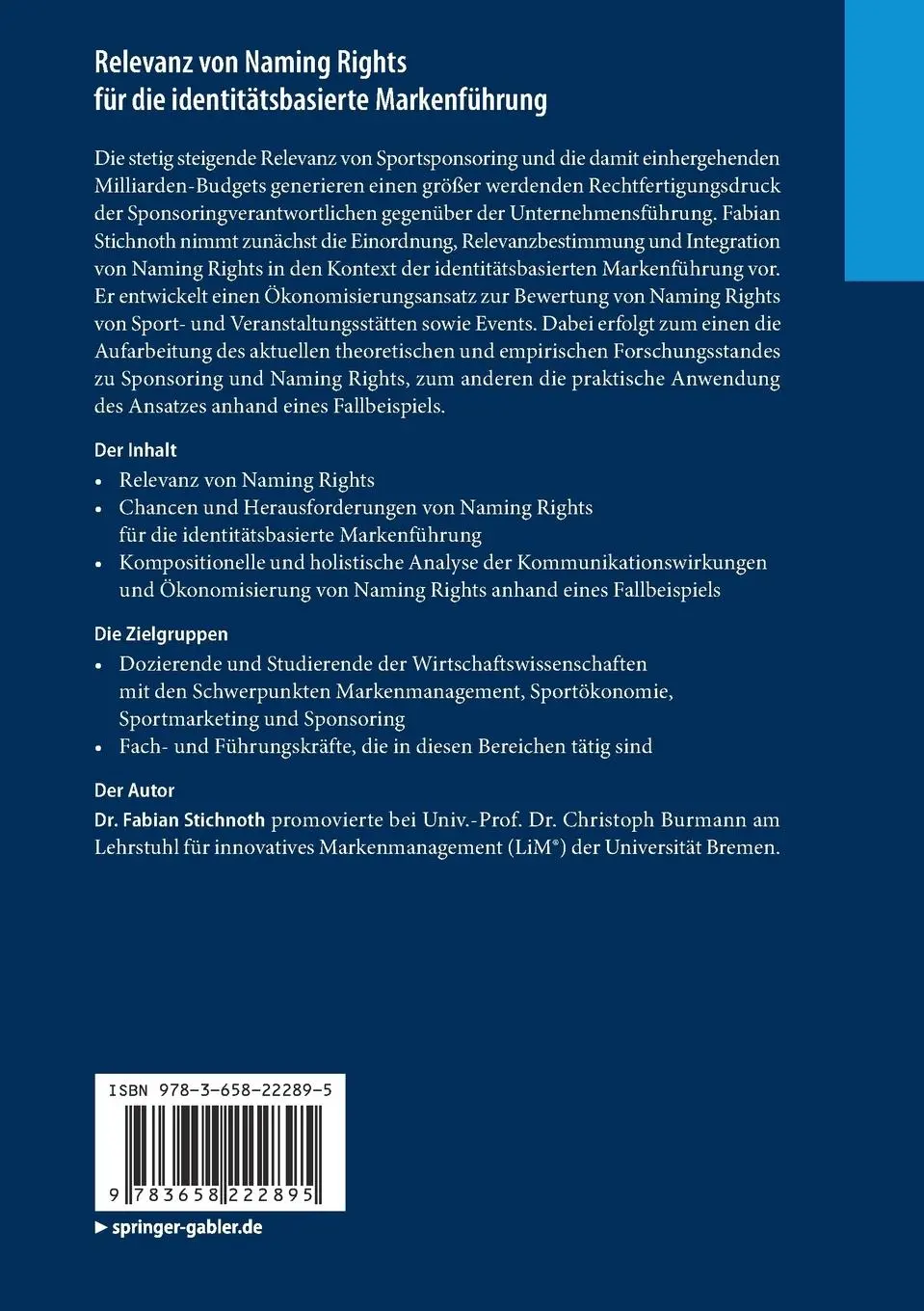 Rückseite: 9783658222895 | Relevanz von Naming Rights für die identitätsbasierte Markenführung