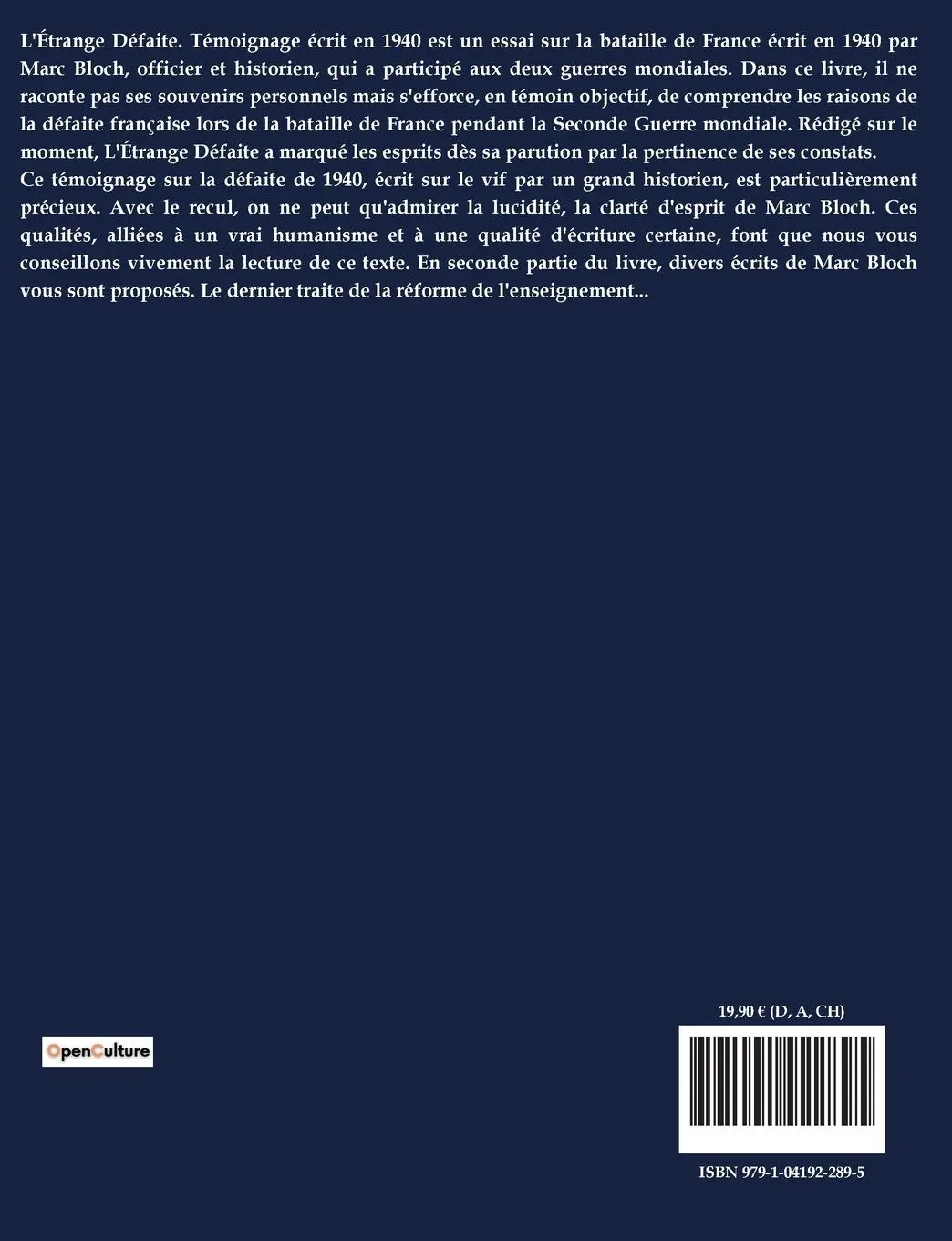 Rückseite: 9791041922895 | L'Étrange Défaite | Un essai de Marc Bloch suivi de Écrits clandestins