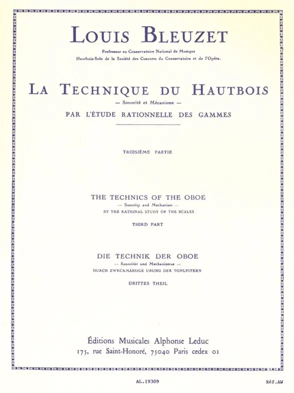 Cover: 9790046193095 | Louis Bleuzet: The Technique Of The Oboe | Volume 3 | L. Bleuzet