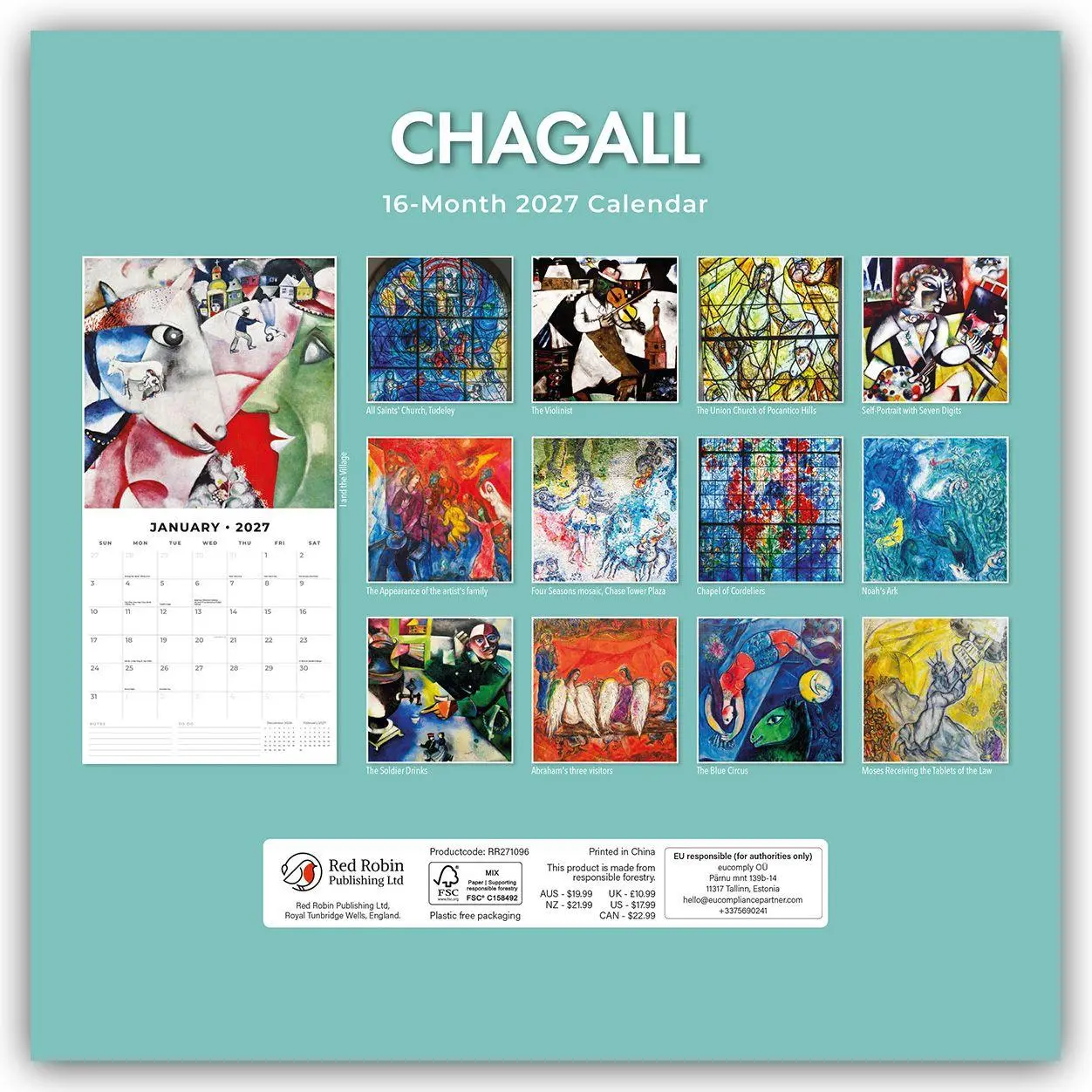 Rückseite: 9781837013395 | Marc Chagall 2027 - 16-Monatskalender | Robin Red | Kalender | 28 S.