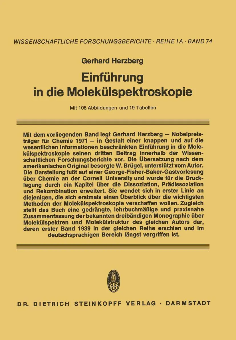 Cover: 9783798503595 | Einführung in die Molekülspektroskopie | Gerhard Herzberg | Buch | xi