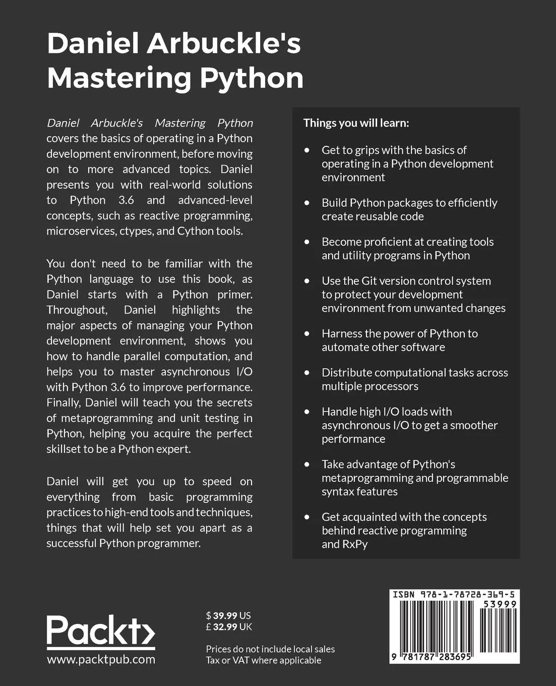 Rückseite: 9781787283695 | Daniel Arbuckle's Mastering Python | Daniel Arbuckle | Taschenbuch