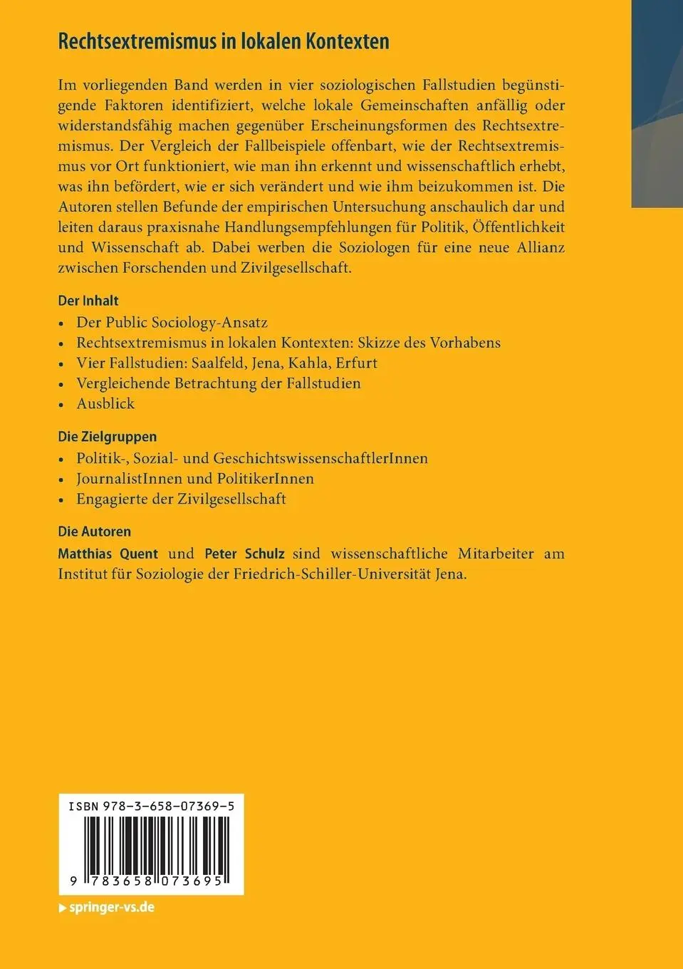 Rückseite: 9783658073695 | Rechtsextremismus in lokalen Kontexten | Peter Schulz (u. a.) | Buch