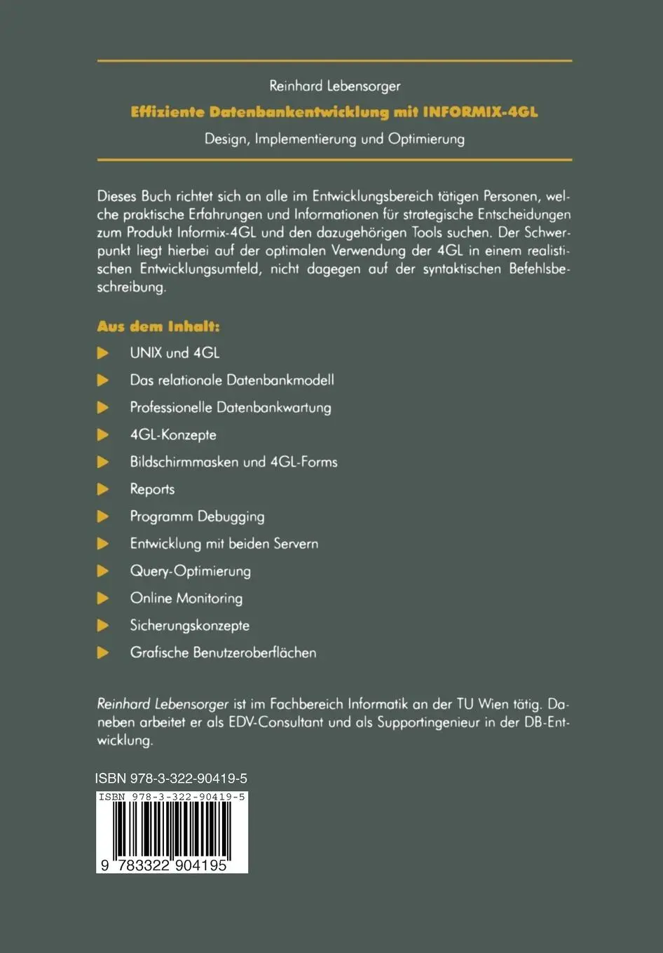 Rückseite: 9783322904195 | Effiziente Datenbankentwicklung mit INFORMIX-4GL | Lebensorger | Buch