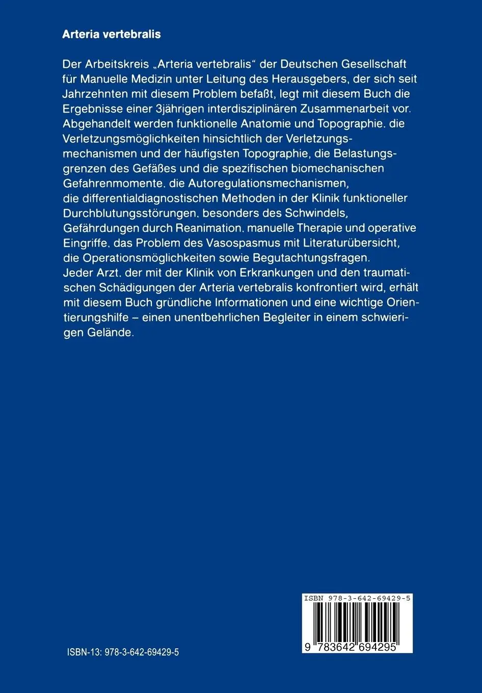 Rückseite: 9783642694295 | Arteria vertebralis | Traumatologie und funktionelle Pathologie | Buch