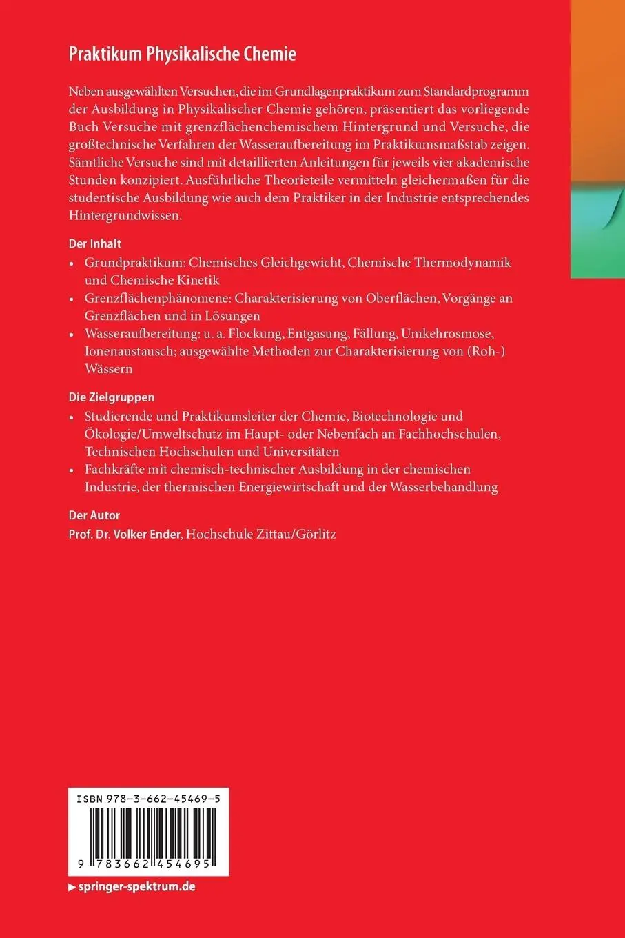 Rückseite: 9783662454695 | Praktikum Physikalische Chemie | Volker Ender | Taschenbuch | xii