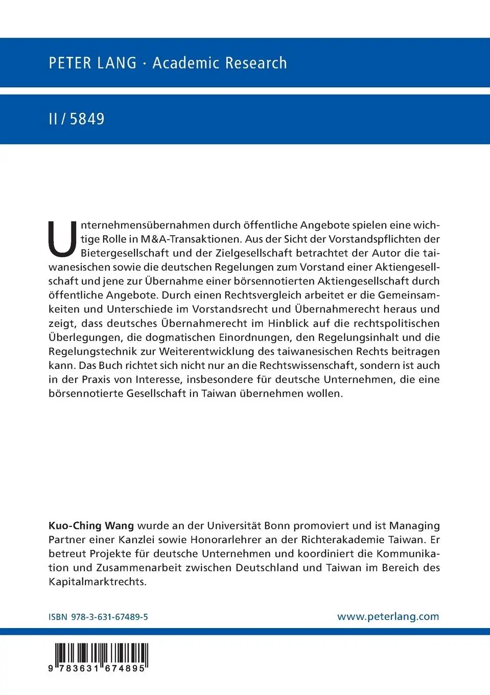 Rückseite: 9783631674895 | Unternehmensübernahmen nach taiwanesischem und deutschem Recht | Wang