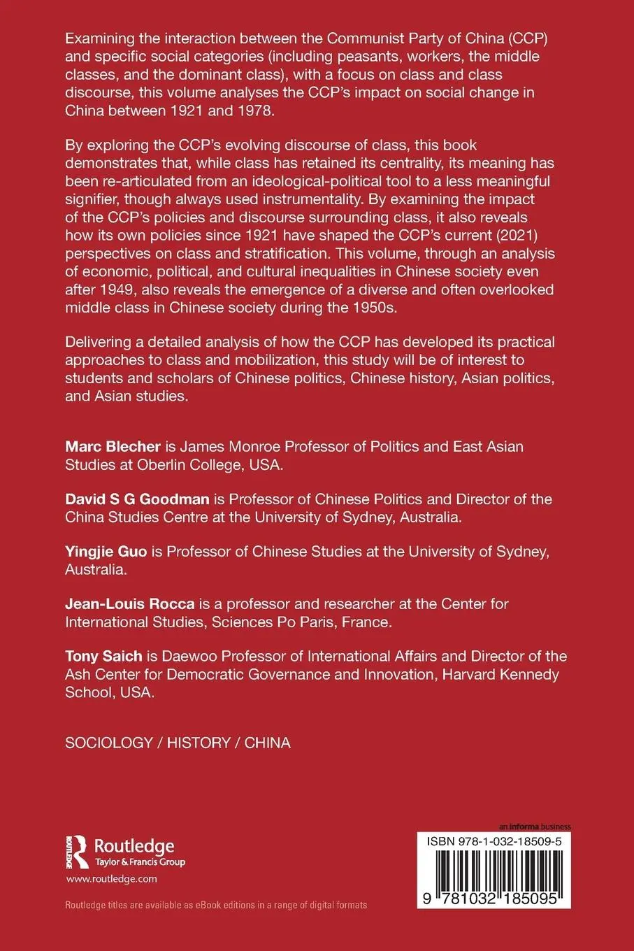 Rückseite: 9781032185095 | Class and the Communist Party of China, 1921-1978 | Blecher (u. a.)