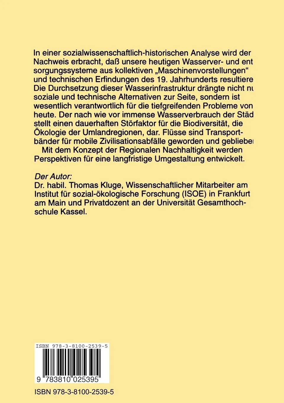 Rückseite: 9783810025395 | Wasser und Gesellschaft | Thomas Kluge | Taschenbuch | 254 S. | 2000