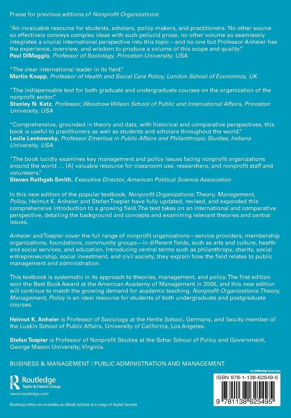 Rückseite: 9781138625495 | Nonprofit Organizations | Theory, Management, Policy | Anheier (u. a.)