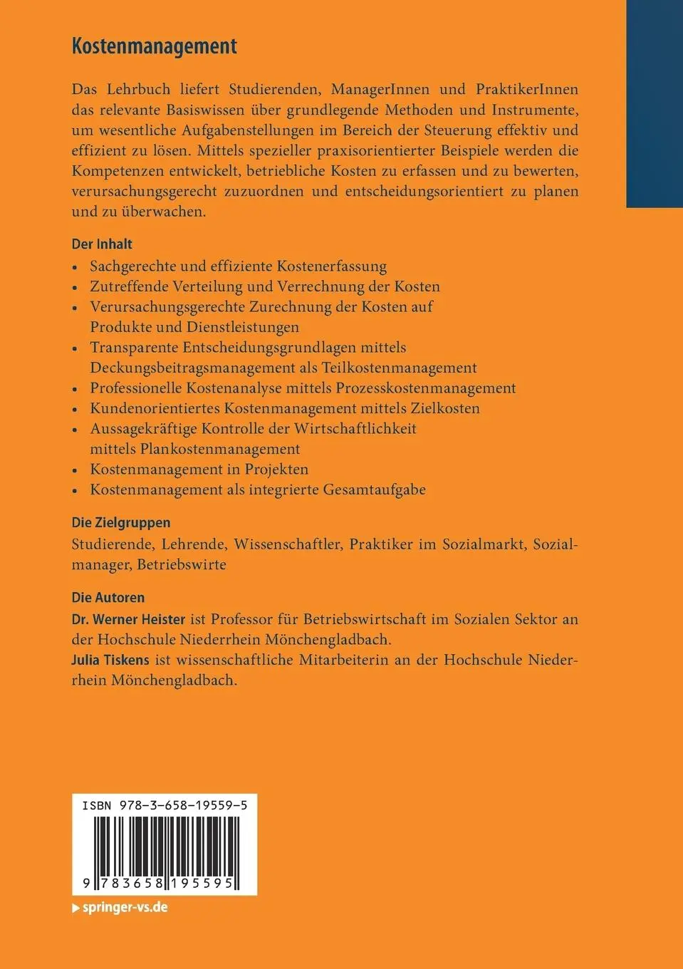 Rückseite: 9783658195595 | Kostenmanagement | Julia Tiskens (u. a.) | Taschenbuch | Paperback