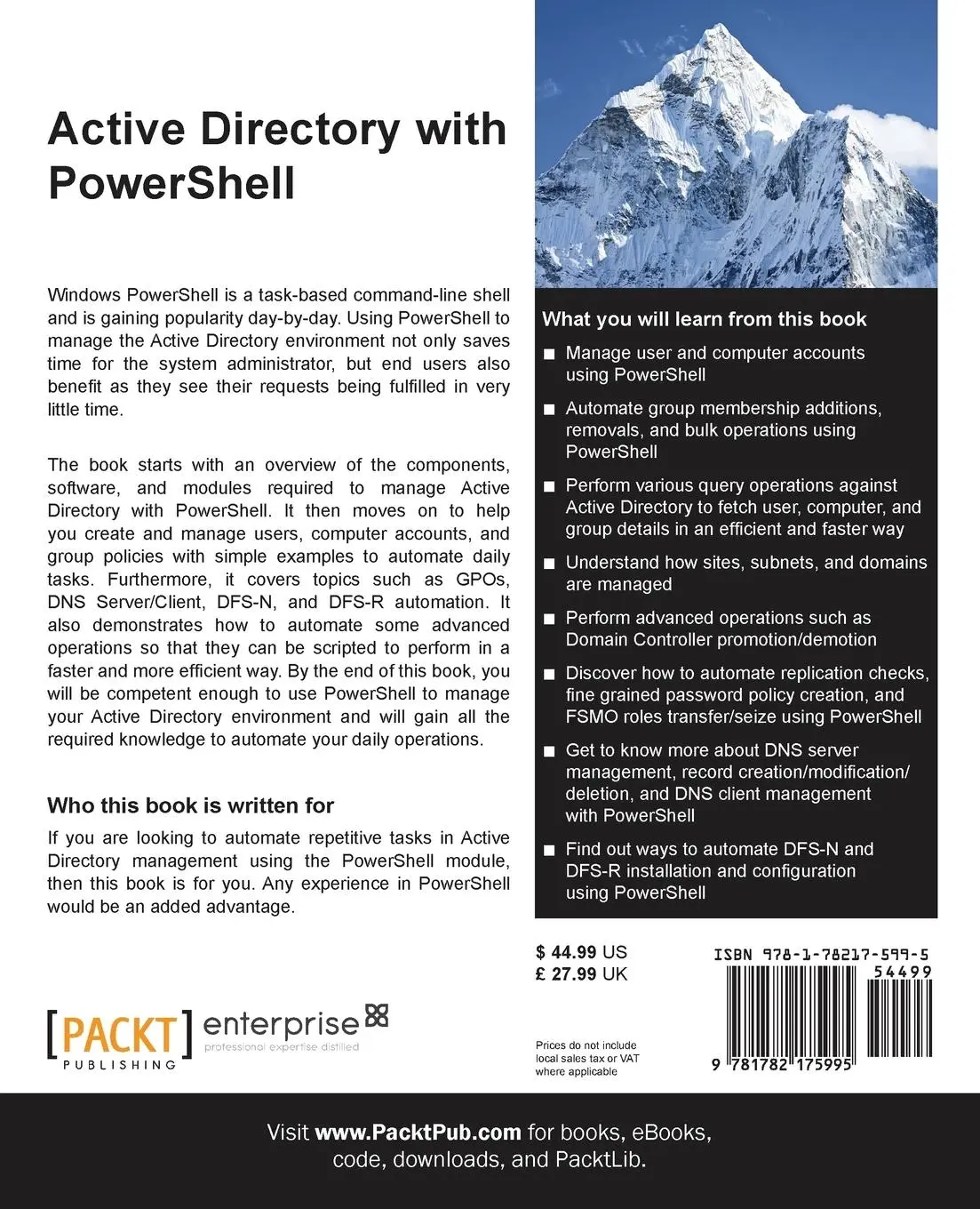 Rückseite: 9781782175995 | Active Directory with PowerShell | Sitaram Pamarthi | Taschenbuch
